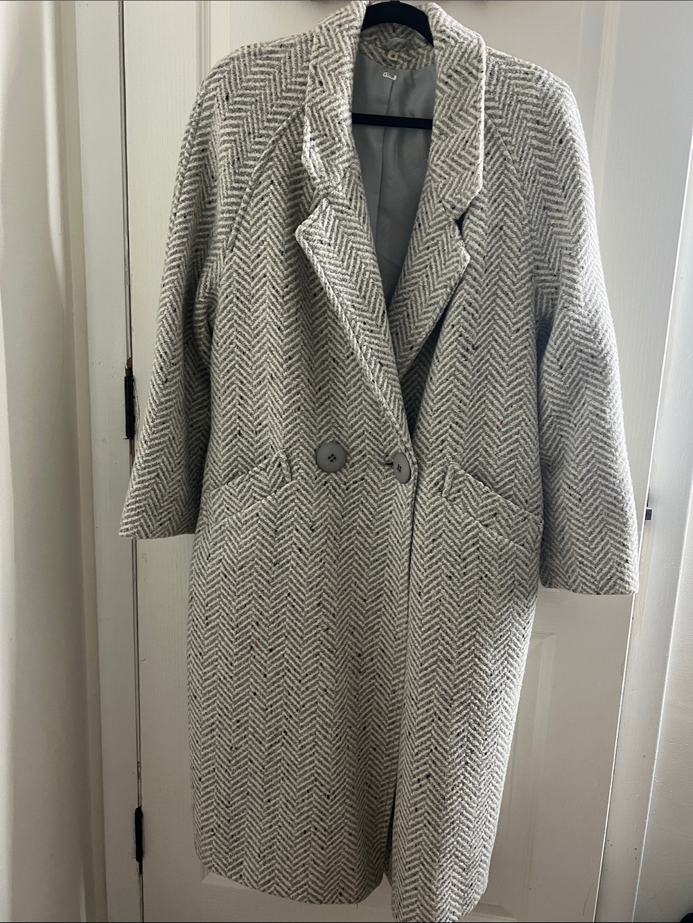 Womens Gray Herringbone Wool-Blend Long Coat